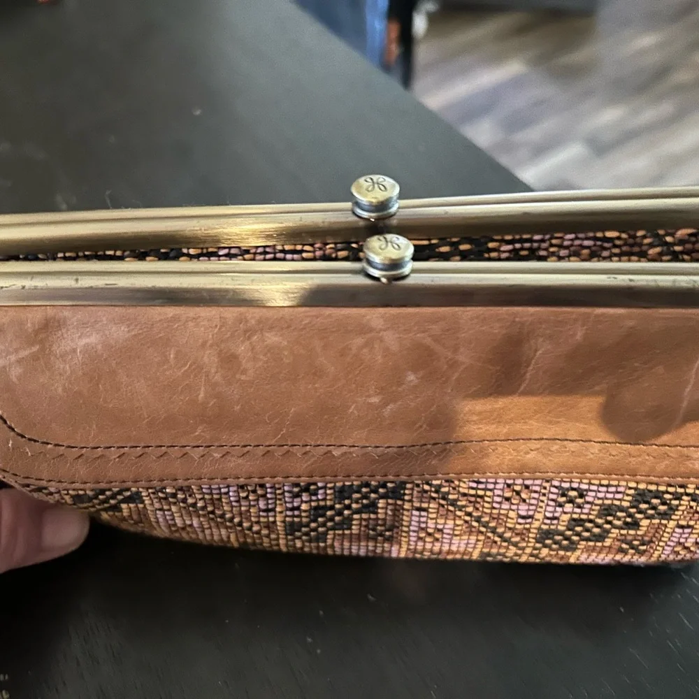 HOBO Tan Leather and Patterned Fabric Hobo Bag